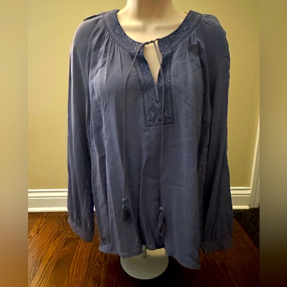 Venus Blue Puff Sleeve Blouse with Tie Front size large
